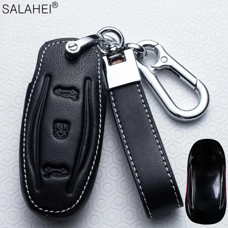 Leather Car Remote Key Fob Case Cover For Tesla Model X Model S Model 3 Car-Styling Protection Holder Shell Keychain Accessories