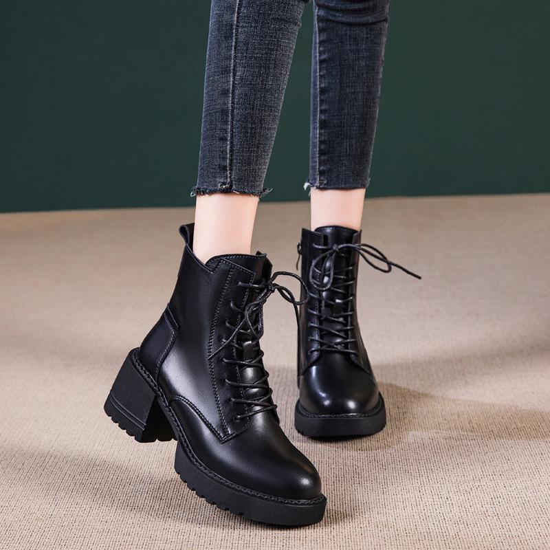 Leather Platform Martin Women's New British Style Women's High-heeled Thick-heeled Short Spring and Autumn Single Winter Velvet