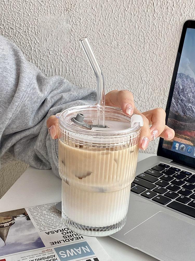 450ML Stripe Glass Coffee Cup With Lid and Straw Transparent Drinking Glasses for Juice Milk Tea Cups Iced Coffee Mugs Drinkware