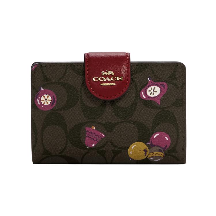 New COACH Canvas Leather Wallet Women's Dark Brown With Cherry C7414-IMOSN