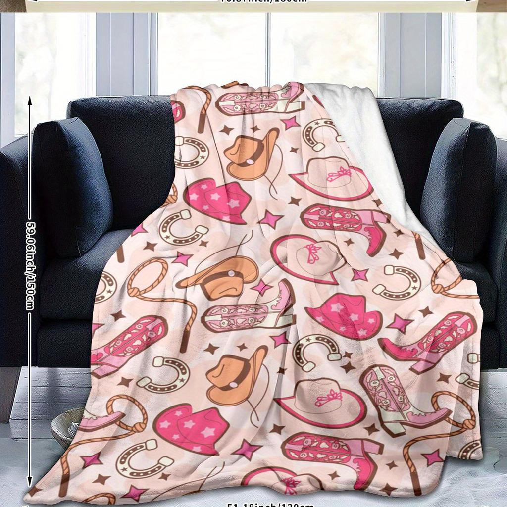 1pc Western Cowgirl Hat & Boot Print Flannel Throw Blanket - Soft, Cozy, Warm Pink Digital Print Cover for Couch, Sofa, Bed
