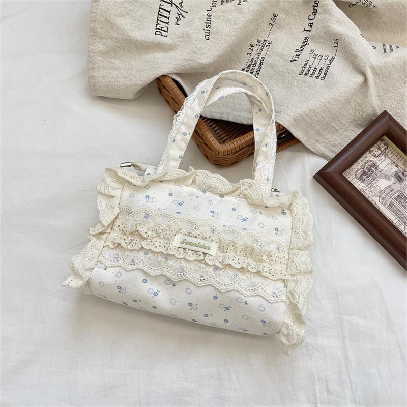 Cute Sweet Lace Floral Handbag Large Capacity Casual Commuting Tote Bag Portable Storage Bag Girl Heart Clutch Cosmetic Bag Gift