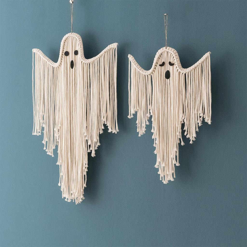 White Macrame Halloween Ghost Wall Hanging Tapestry, Hand-Woven Tassels Tapestries for Home, Bedroom Living Room Wall Decor Gift