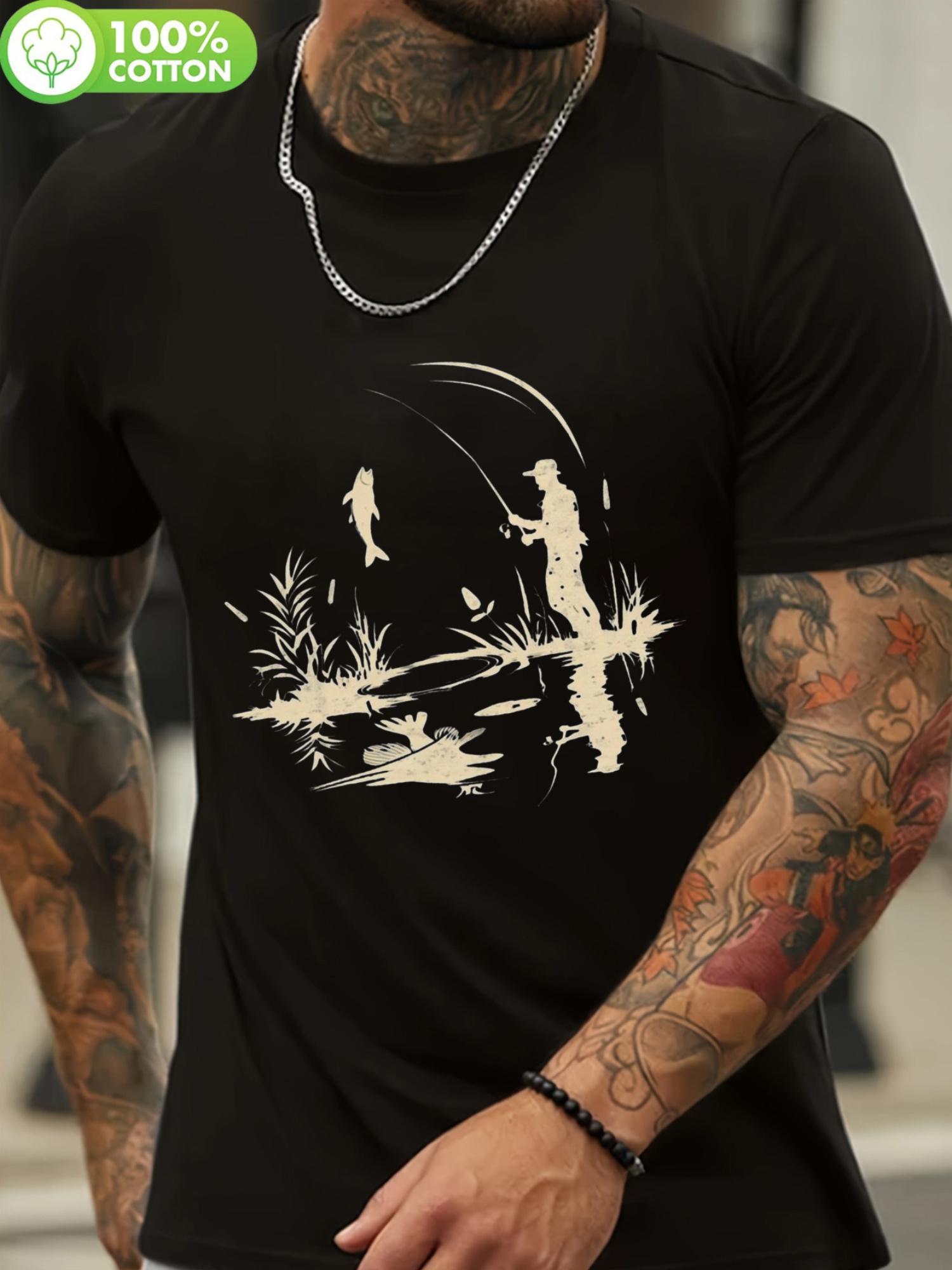 Casual Crew Neck T-shirt with Fisherman Silhouette Print - Cotton XXXXL