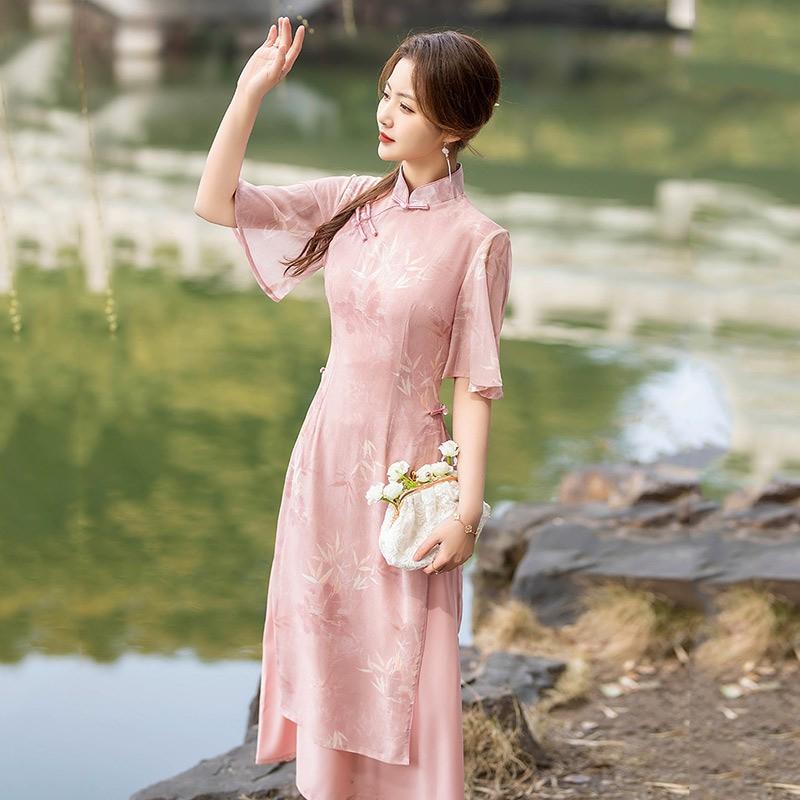 Pink Modern Cheongsam Dress Womens Long Sleeveless Stand Collar Wearable Vintage Style Chiffon Midi