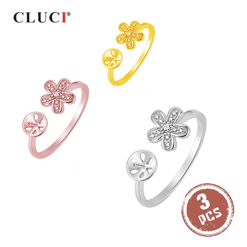 CLUCI 3pcs 925 Sterling Silver Rose Gold Ring for Women Silver 925 Pearl Ring Mounting Adjustable Flower Ring SR2105SB resizable серебряный