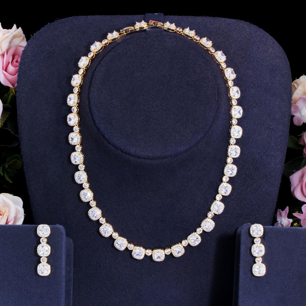 Zircon Necklace Earrings Set Chain Full Diamond Wedding Dress Dinner Accessories Two-Piece Set