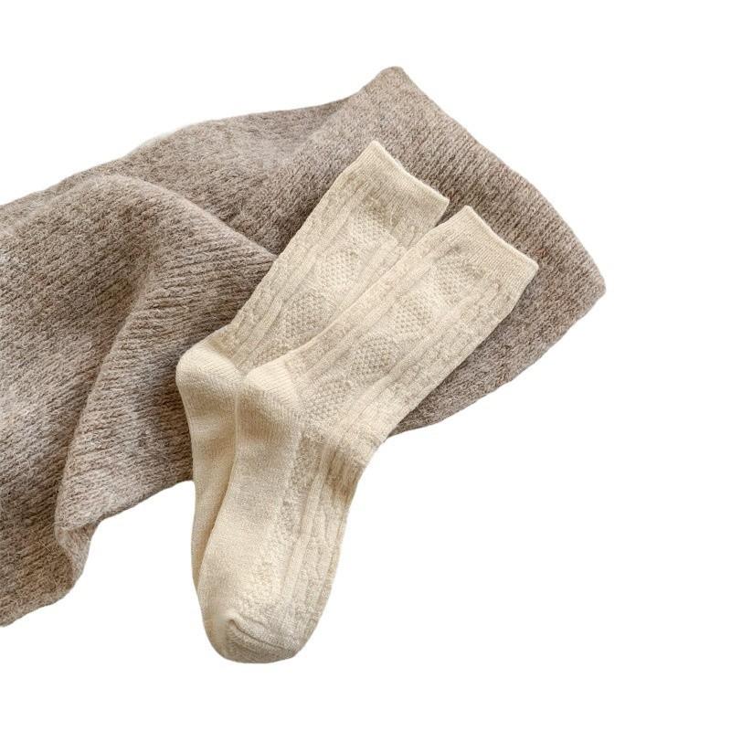 Children'S Wool Socks, Thickened Warm Rhombus Cream Solid Color Medium Tube Socks