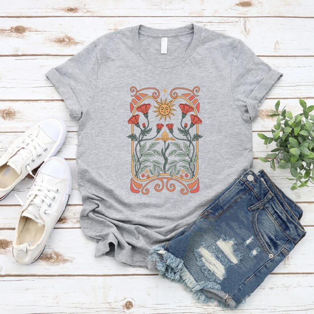 T-shirt Fleurs Sauvages Bohème T-shirt Fleurs Bohèmes Femme Manches Courtes T-shirts Vintage Casual Hauts Floraux Nature T-shirt Vêtements Femme