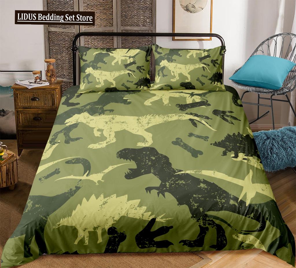 Dinosaur Duvet Cover Set King Queen Full Twin Size Wild Animals Comforter Cover With Zipper For Boys Girl Polyester Bedding Set