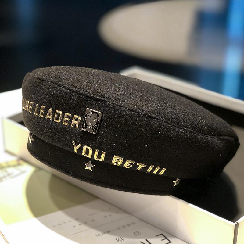 Golden Letter Rivet Decoration Woolen Beret Women Autumn and Winter British Retro Painter Hat Ladies Bud Hat