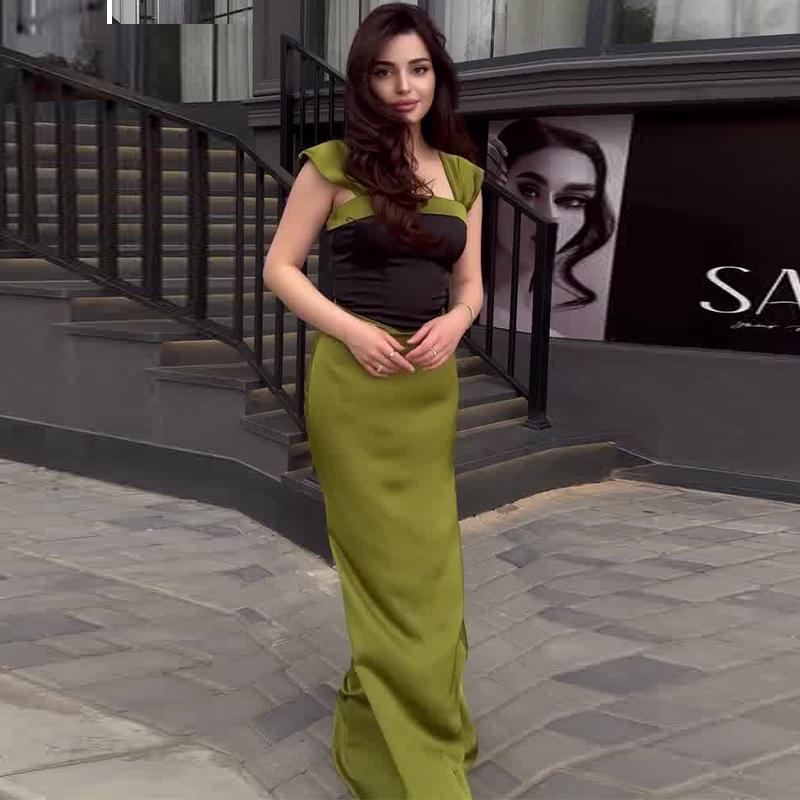 

Летнее европейско-американское женское облегающее длинное платье в стиле пэчворк с цветовыми блоками XXXL желто-зеленый