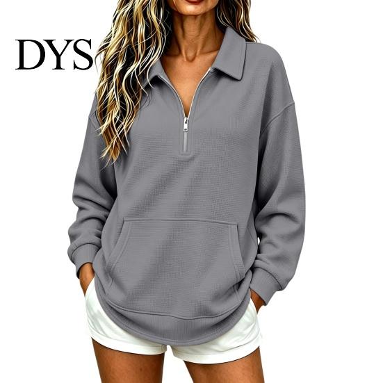 Casual Waffle Sweatshirt Women Half-zip Sweatshirt, Long Sleeve Pullover Top with Kangaroo Comfortable Pockets Pocket, Loose Fit Lapel for Fall Winter