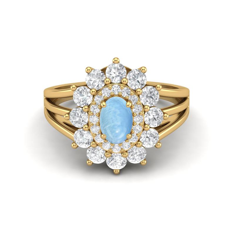 6X4MM Oval Larimar Gemstone 925 Sterling Silver Gold Plated Halo Split Shank Ring