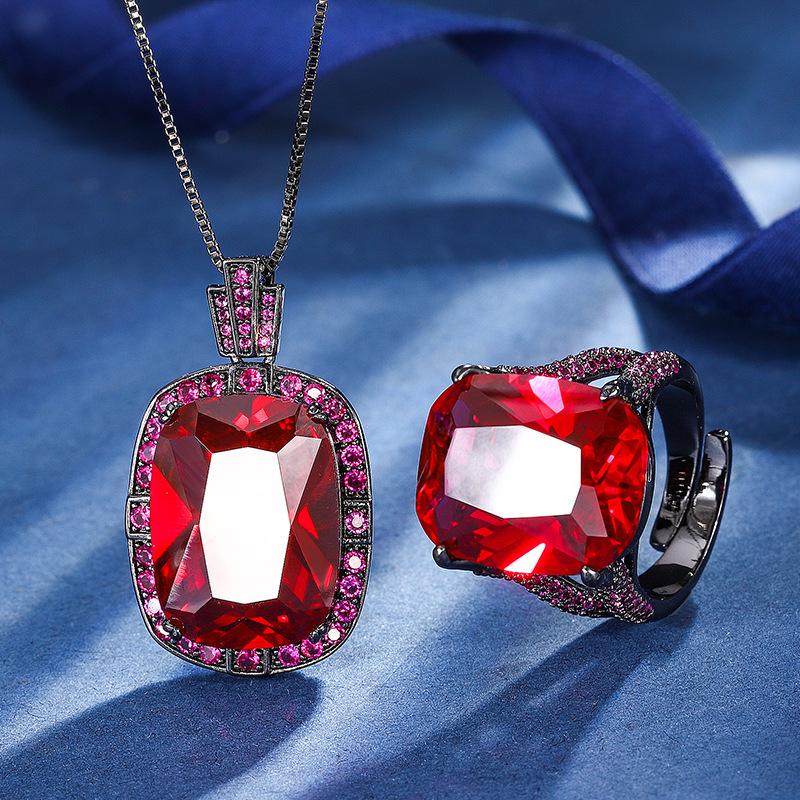 Jewelry Copper Bottom Gold-Plated Simulation Red Corundum Fat Rectangular Black Gold Personalized Set 15 * 20