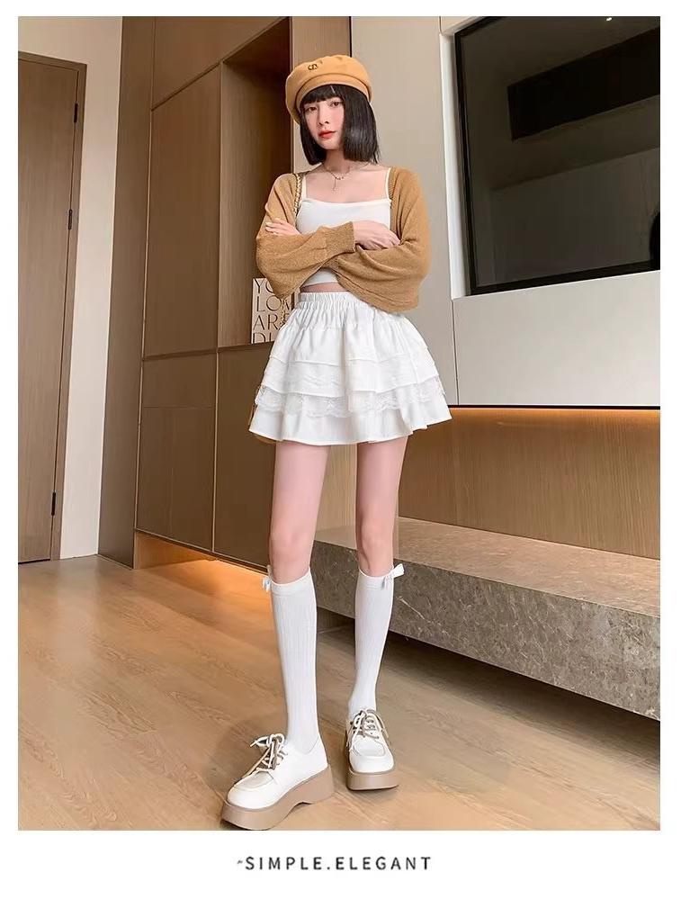 White Lace High-Waisted A-line Pleated Petite Ballet Skirt for Women - Spring/Autumn Short Fluffy Half Skirt