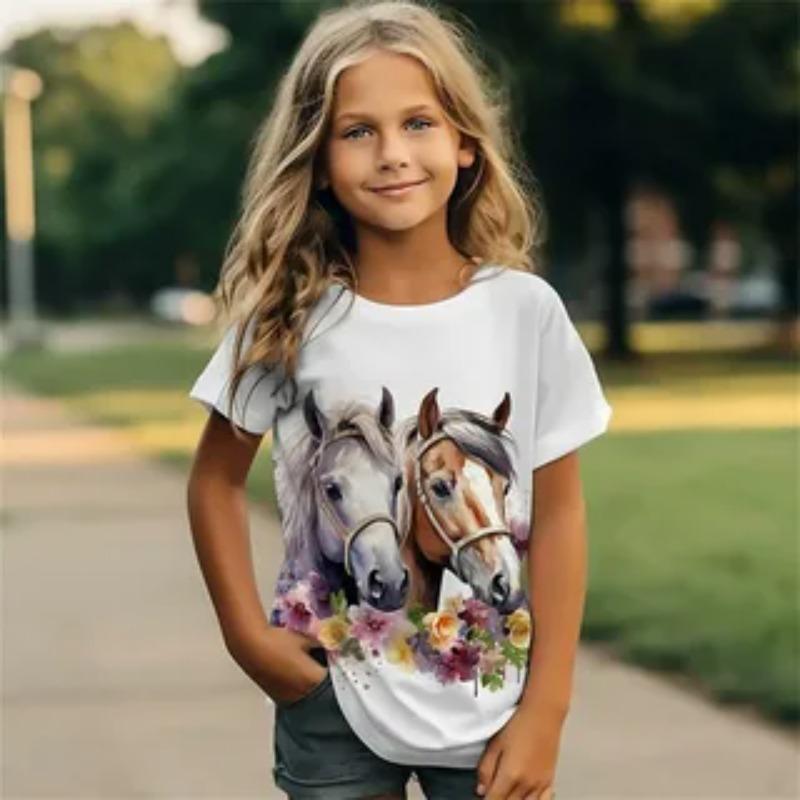 Summer Round Neck Children's Short Sleeved T-shirt Cute Horse Animal Pattern Print Comfortable Fashionable Loose Fitting Girls Boys T-shirt