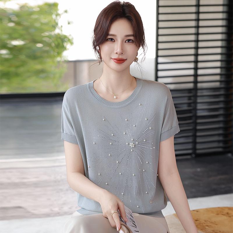 

Stylish Summer Ice Silk Short-Sleeve Top for Mom - Knitted Cardigan T-shirt for Middle-Aged & Elderly Women, 2026 Collection XL (100-110 lbs)