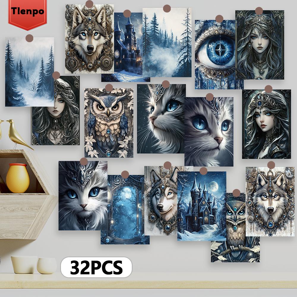 32pcs, Blues Snow Scene Golden Magic Postcards, Dark Fairy Tales, Wall Stickers, Mailing Cards, Greeting Cards, DIY Postcard
