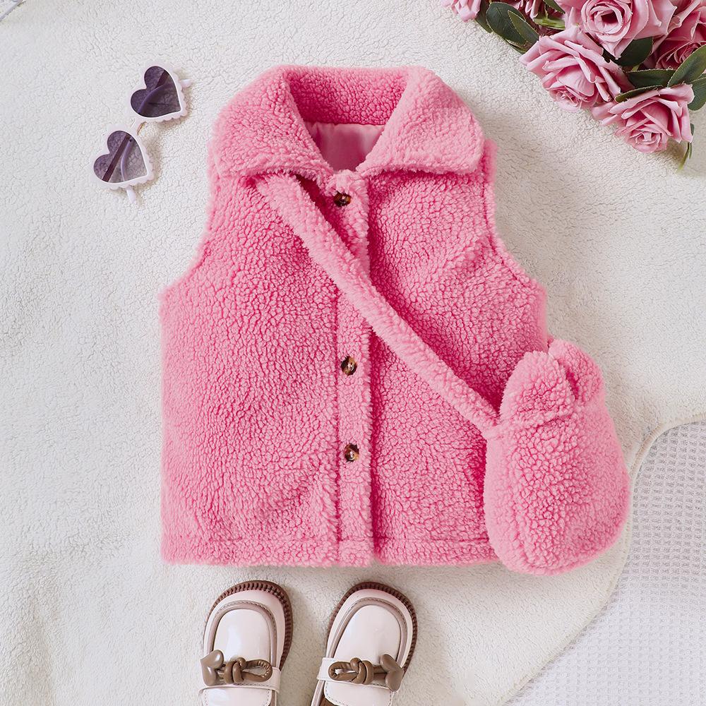 Odzież Dziecięca Dziecięca Dziewczęca Jesień i Zima Nowa Jednorzędowa Klapowana Pluszowa Kamizelka na Saszetkę