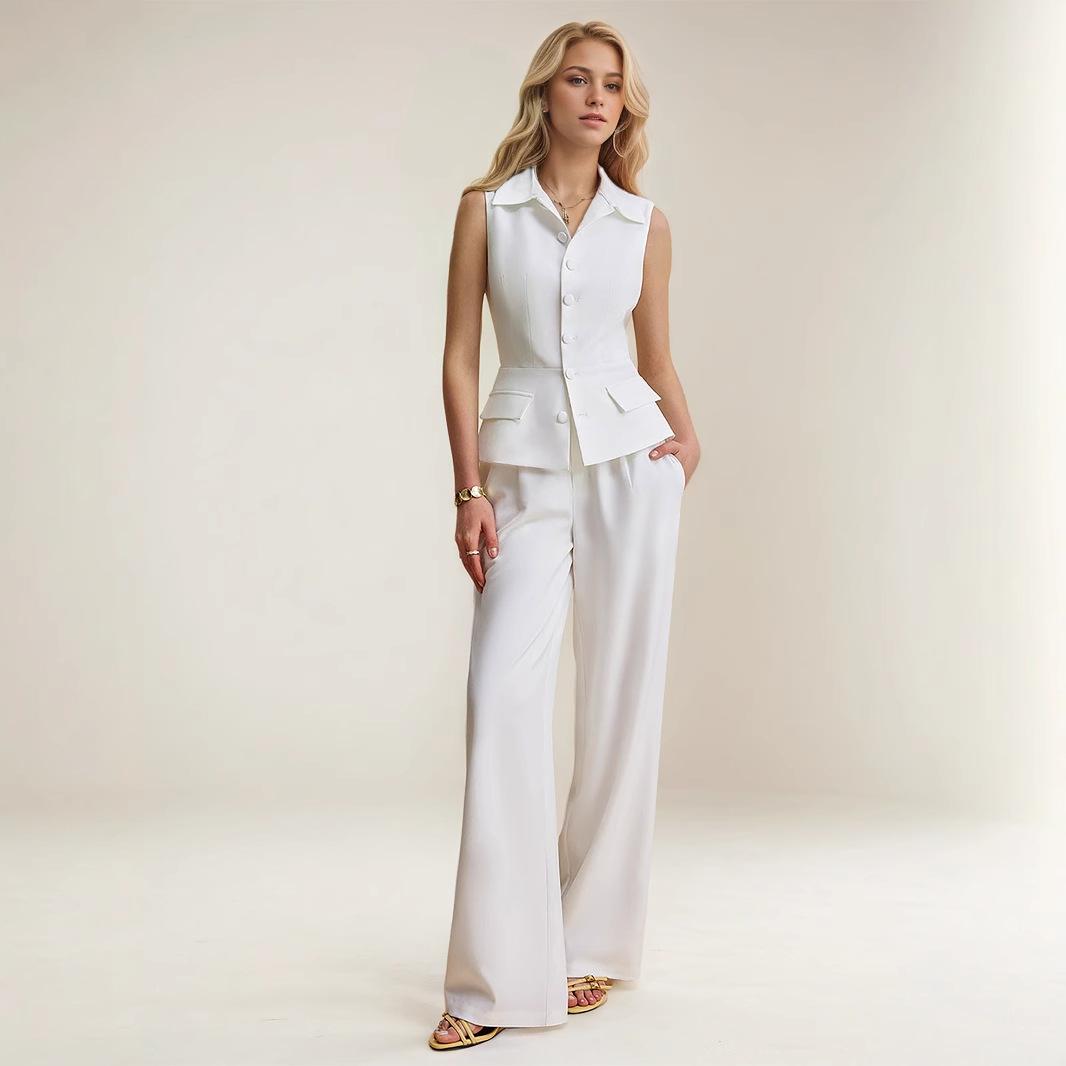 Women s Sleeveless Top and Wide Leg Pants Set, White S