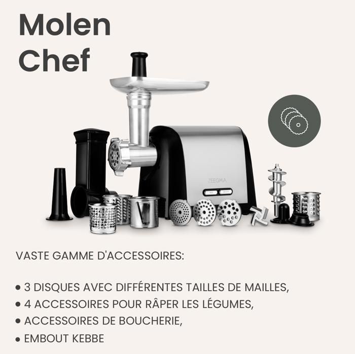 Hachoir Electrique à Viande ZEEGMA Molen - 1900W - 3 plaques en acier inoxydable - 4 cônes - Coupe légumes