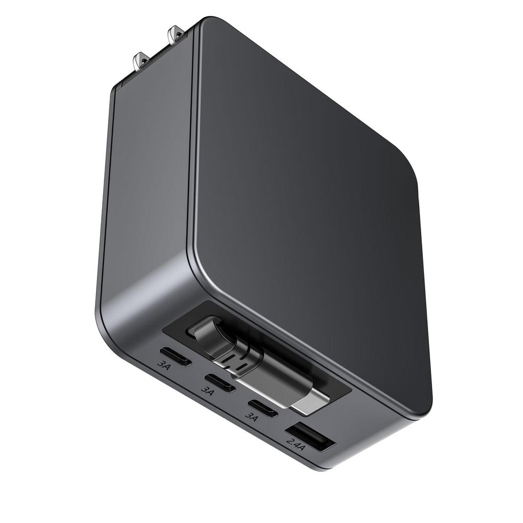 GaN Multi-Port Fast Charger with Retractable Cable for Huawei, Apple & Android Devices.
