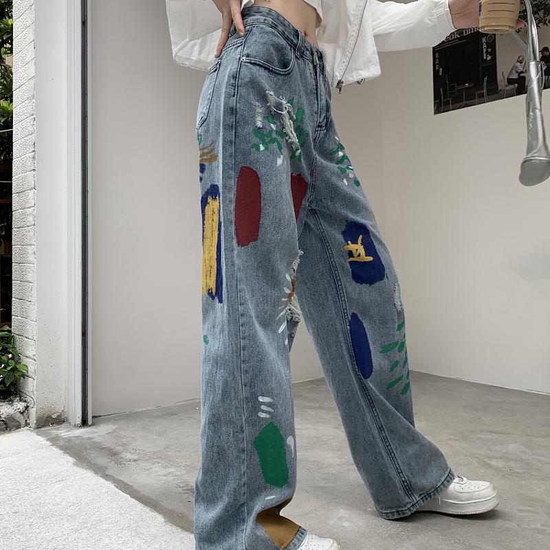 Módní Barevné Čmáranice Roztrhané Džíny Dámské S Vysokým Pasem Slim Rovná Noha Široké Kalhoty Dámské Vintage Modré Ležérní Džínové Kalhoty Dáma 24247