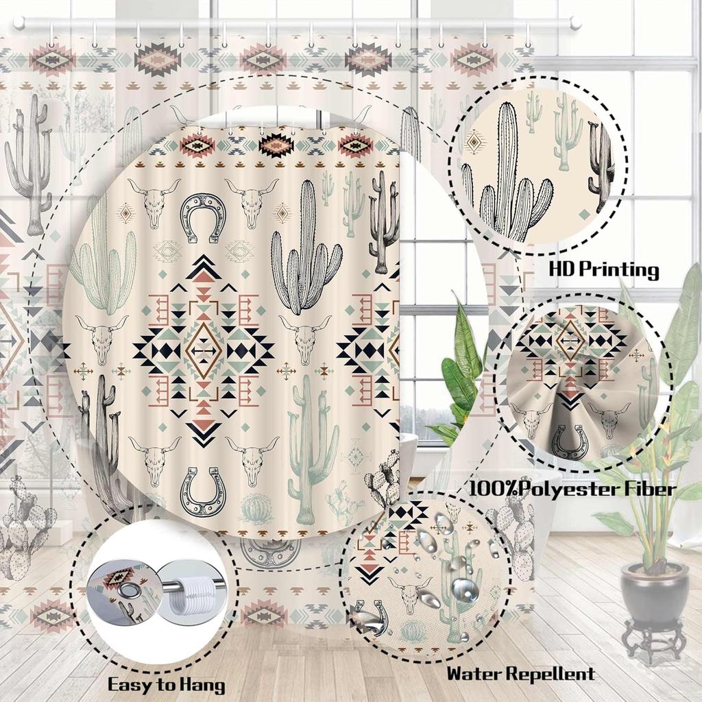 Western Shower Curtain,Abstract Aztec Geometric Southwestern Cactu Skull Bull Bath Accessories Decor, Navajo Native Shower