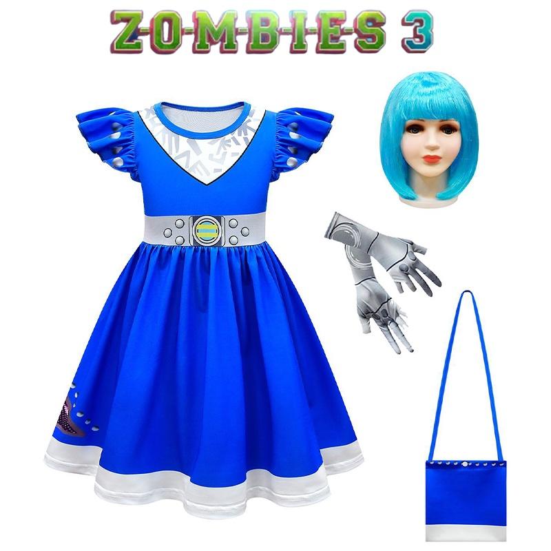 Zombies Kids 3 Cosplay Costume Girls Dress Bag Wig Halloween Outfit Suit Gifts