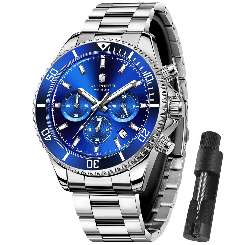 SAPPHERO Analog 6 ATM Water Luminous Stainless Mineral Date Silver Blue Dial Men's Watch, Resistant, Hands, Steel, Glass, Business/Outdoor Use,