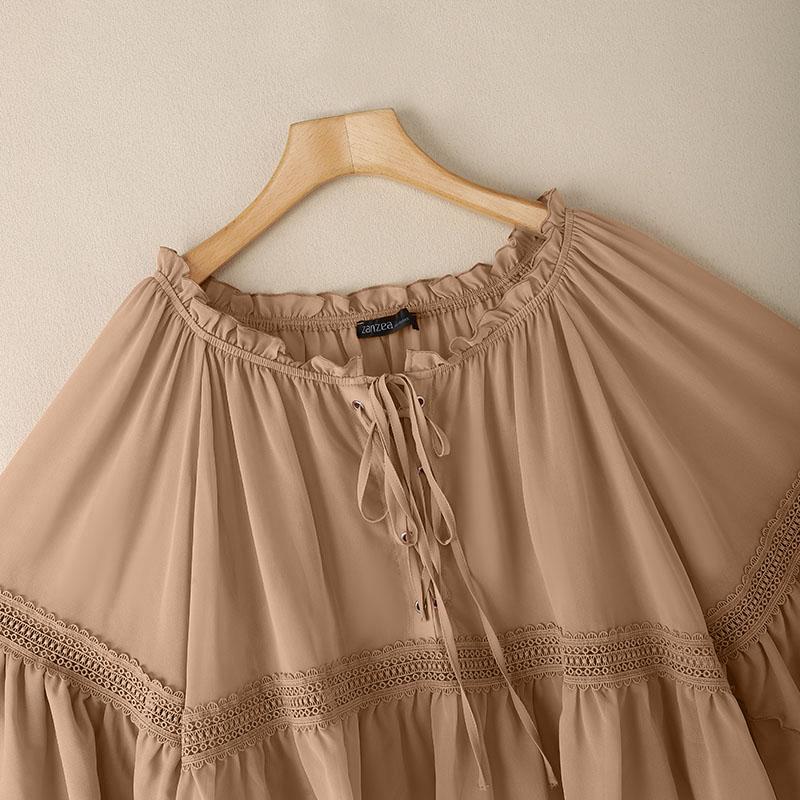 ZANZEA Women Summer V-Neck Ruffle 3/4 Sleeve Lace Blouses