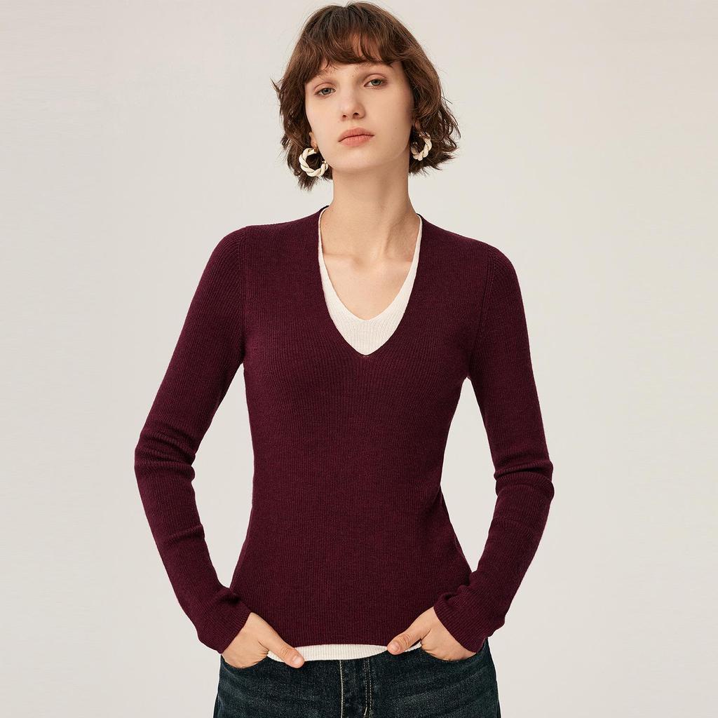 Women's 100% Wool V-Neck Slim Fit Sweater, Long Sleeve Knit Pullover