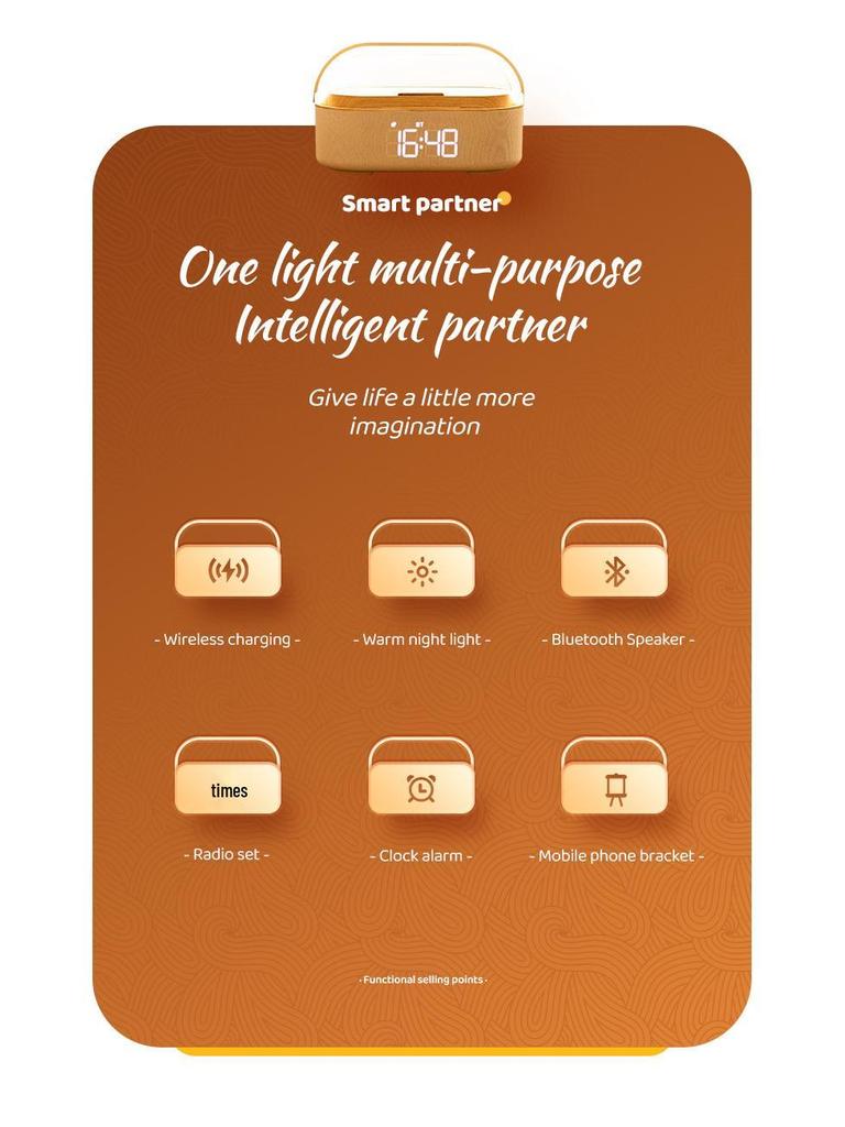 Alto-falante Bluetooth Multifuncional e Carregador Sem Fio com Despertador, Rádio e Lâmpada LED