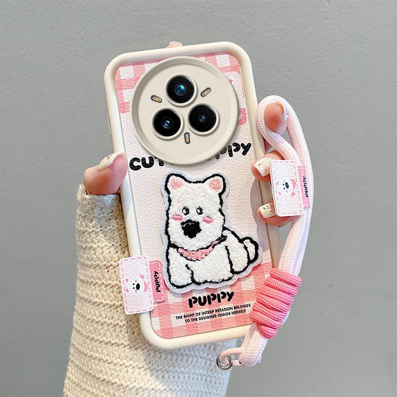 KEYSION Cartoon Cute Plush Embroidery Case for Realme 14 Pro+ 5G with Lanyard Shockproof Phone Cover for OPPO Realme 14 Pro 5G