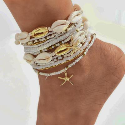 Cavigliera a Strati con Conchiglie e Stelle Marine Transfrontaliera - Gioielli da Spiaggia alla Moda, Elastica e Impilabile per Donne