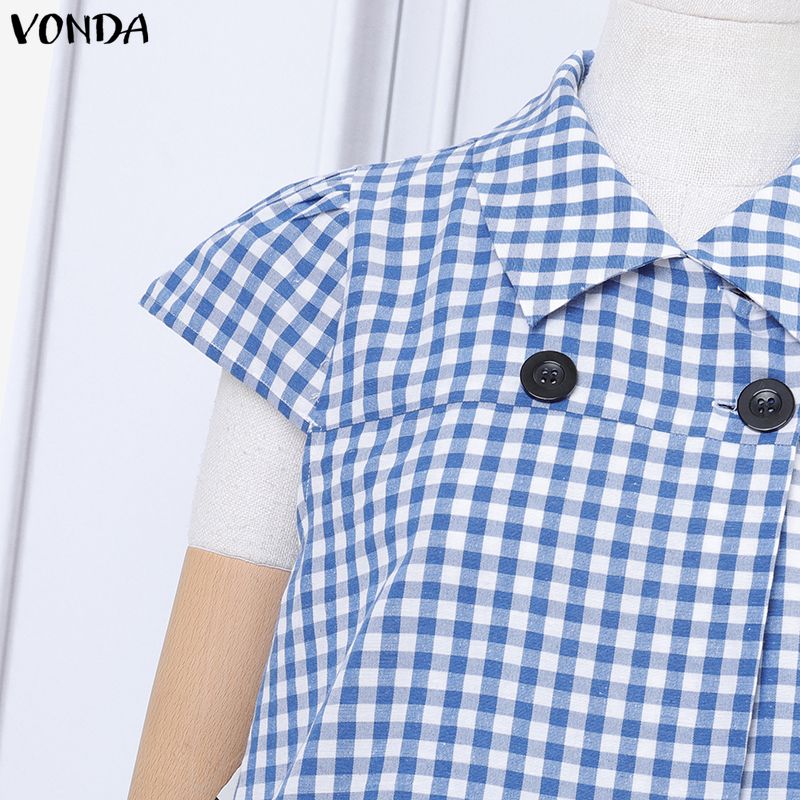 VONDA Two Picecs Sets Women Plaid Print Short Sleeve Blouse and Pants Casual Outfits