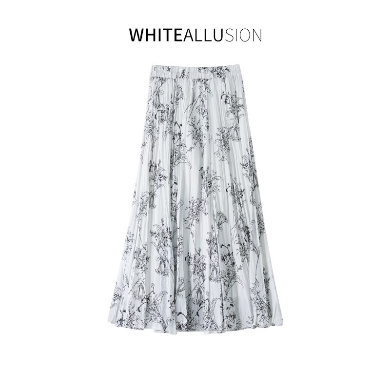 

Sodnn New Chinese Style Print Skirt 2025 Summer New Elegant Temperament Slimming Fluffy A Word Pleated Long dress Black Flowers on white background S