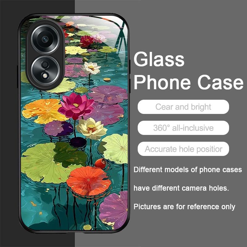 Retro Oil Painting Lotus Flower Pattern Tempered Phone Case for OPPO Realme 14 13 Pro Plus 12 11 10 Neo 3 X7 PRO C75 Hard Covers