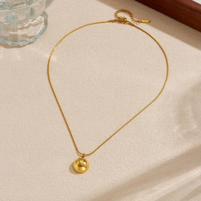 Gold Plated Stainless Steel Herringbone Chain Necklace with Round Dome Pendant for Women