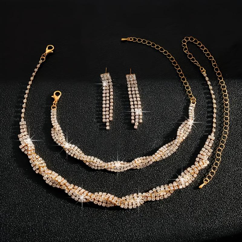 

4Pcs French copper rhinestone jewelry set, necklace earrings bracelet, ideal for parties & banquets золотистый