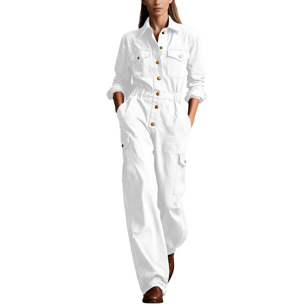 Women's Color Cargo Pocket Jumpsuit with Notched Collar, Long Sleeves and Fitted Waist