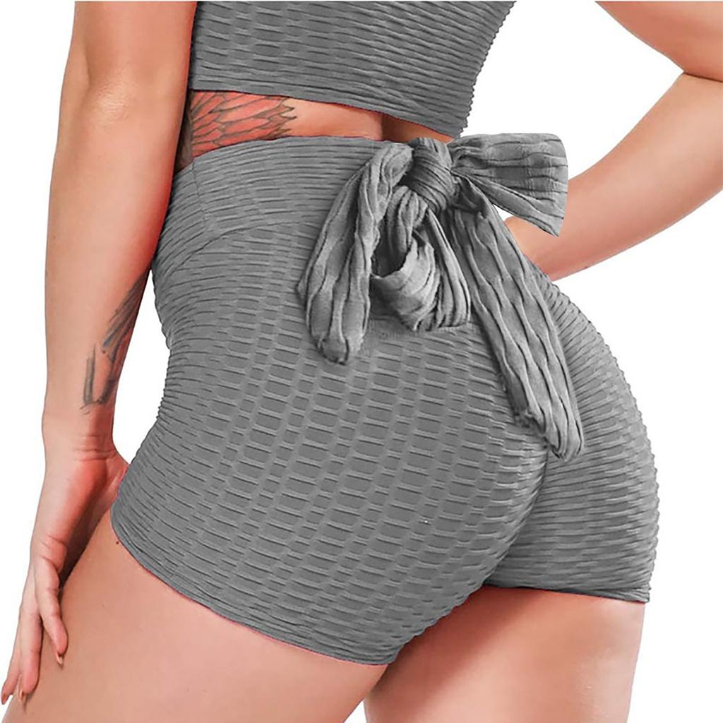 Summer Women's Athletic Shorts Solid Color Gym Running Workout High-Waisted Bowknot Stretchy Leggings Yoga Shorts Plus Size S-2XL