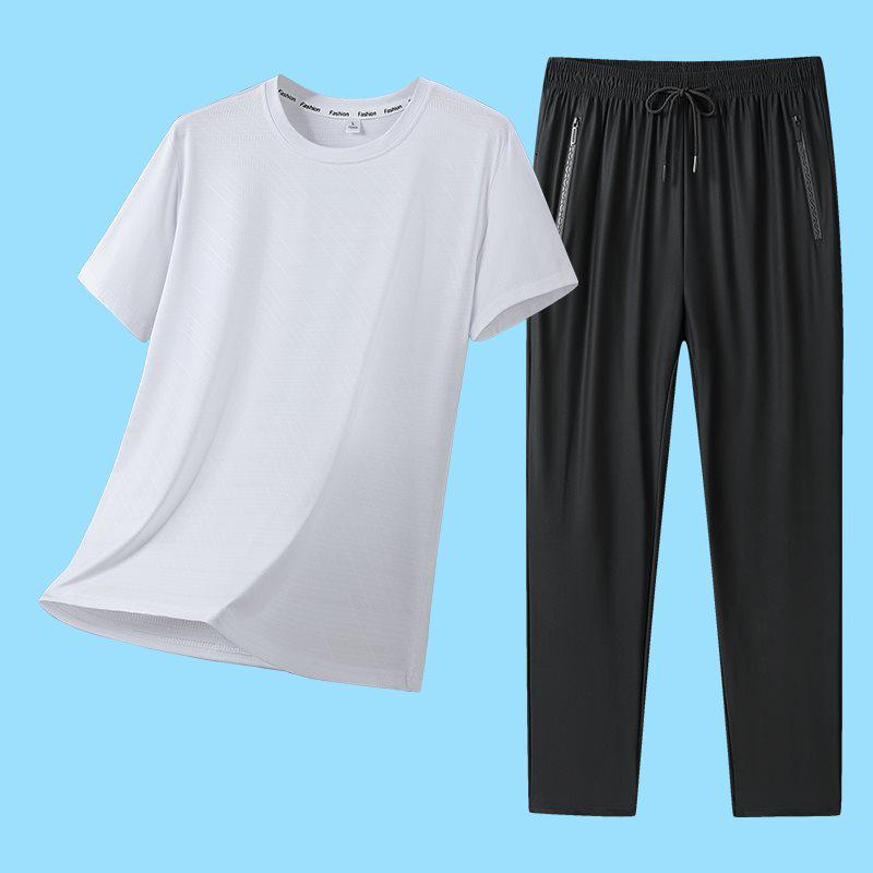 2026 Men's Summer Ice Silk Casual Round Neck Short Sleeve & Long Pants Set