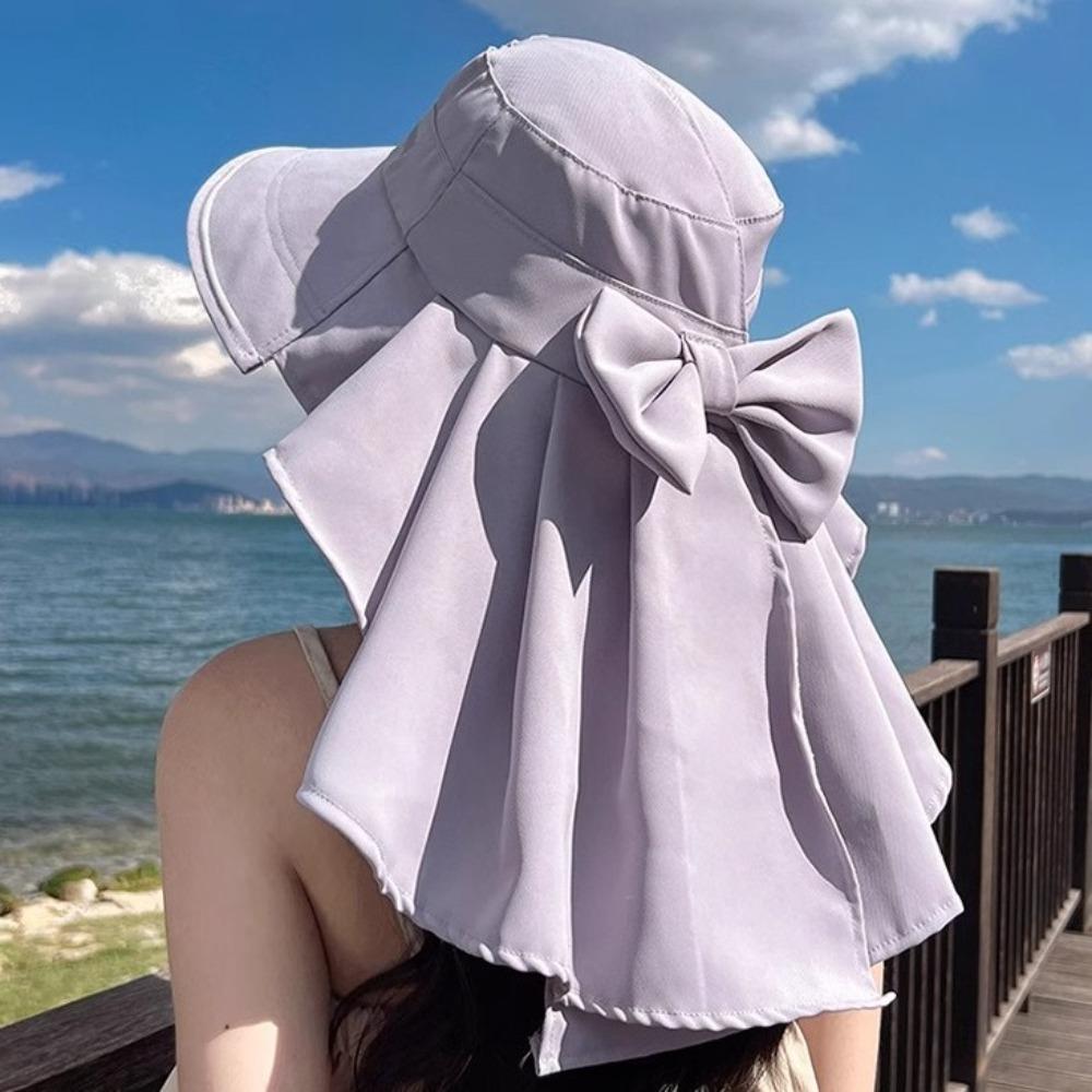 with Shawl Sunshade Bucket Hat Big Bowknot Aiti UV Fishman Hat New Design Bow Sun Hat  Beach