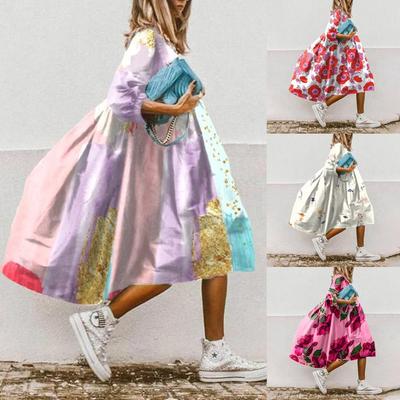 Women's Floral Print Mid-Sleeve Dress - European & American Trendy Design