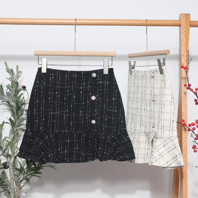 2023 Plaid Tweed High-Waisted Fishtail Mini Skirt