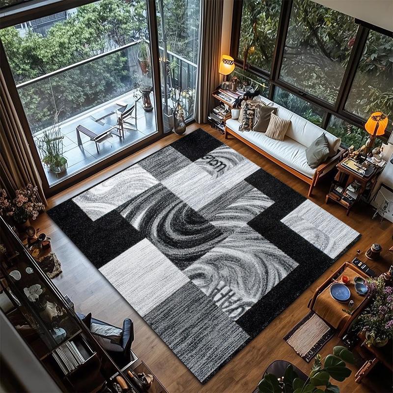 RAKKS Modern Geometric Area Rug Soft Black Gray Abstract Grid Office Living Room Sofa Floor Mat Study Game Carpet Home Decor