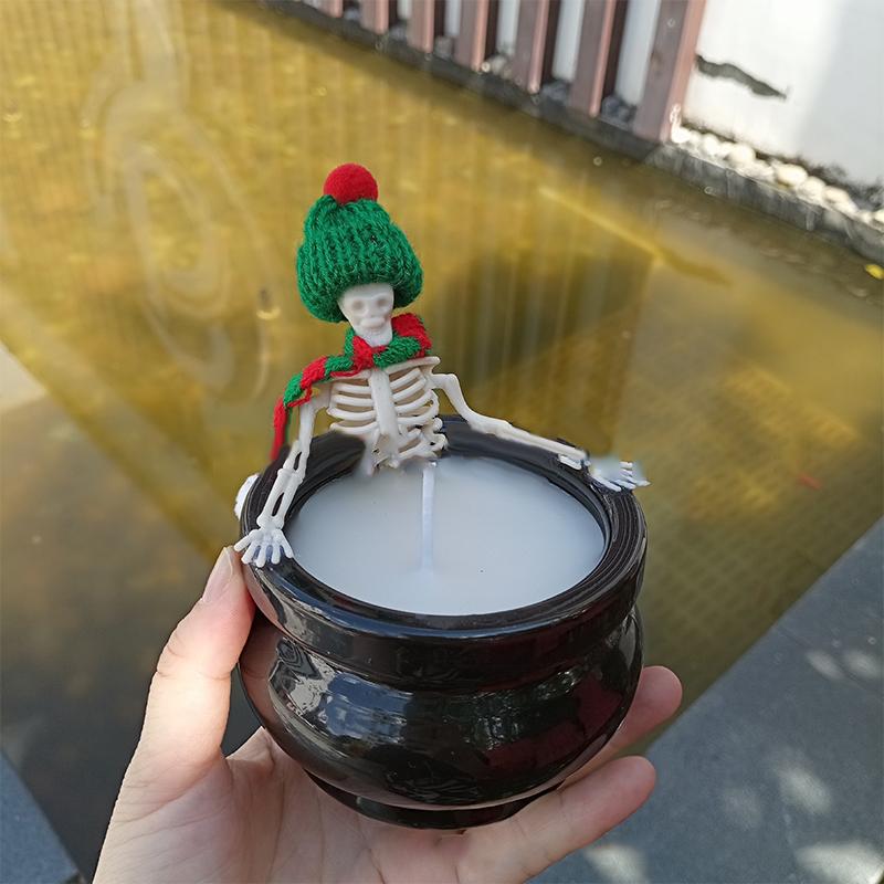 Halloween Skeleton Candle Halloween Decorations Ornament Gothic Cauldron Bathing Skull Candle With Hat Scarf Home Decor Gift