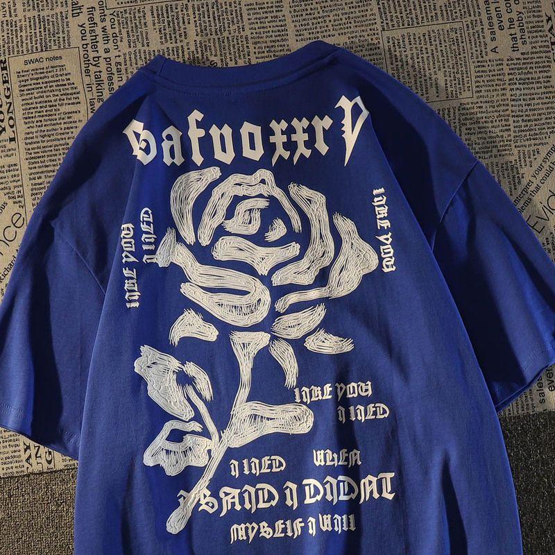 New Hong Kongstyle Retro High Street Rose Loose Trendy Summer Tshirt 100 Cotton Cool Versatile Adult Mens Daily Wear Soft